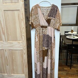 Leopard Patchwork Maxi Dress - Brown and Cream